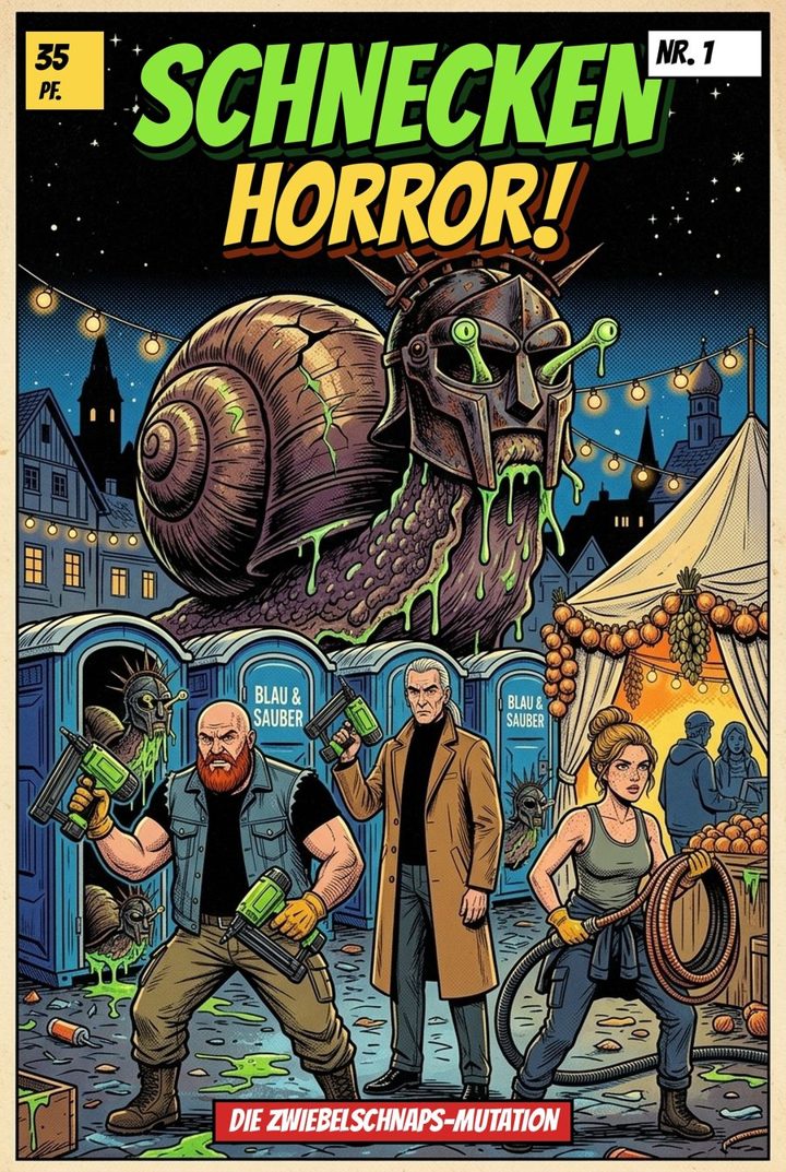 Comic-Cover: Eine riesige gepanzerte Schnecke mit Helm über dem Festplatz, davor Callahan und Kane mit grünen Tackern und Jana mit Saugschlauch vor blauen mobilen Klos.