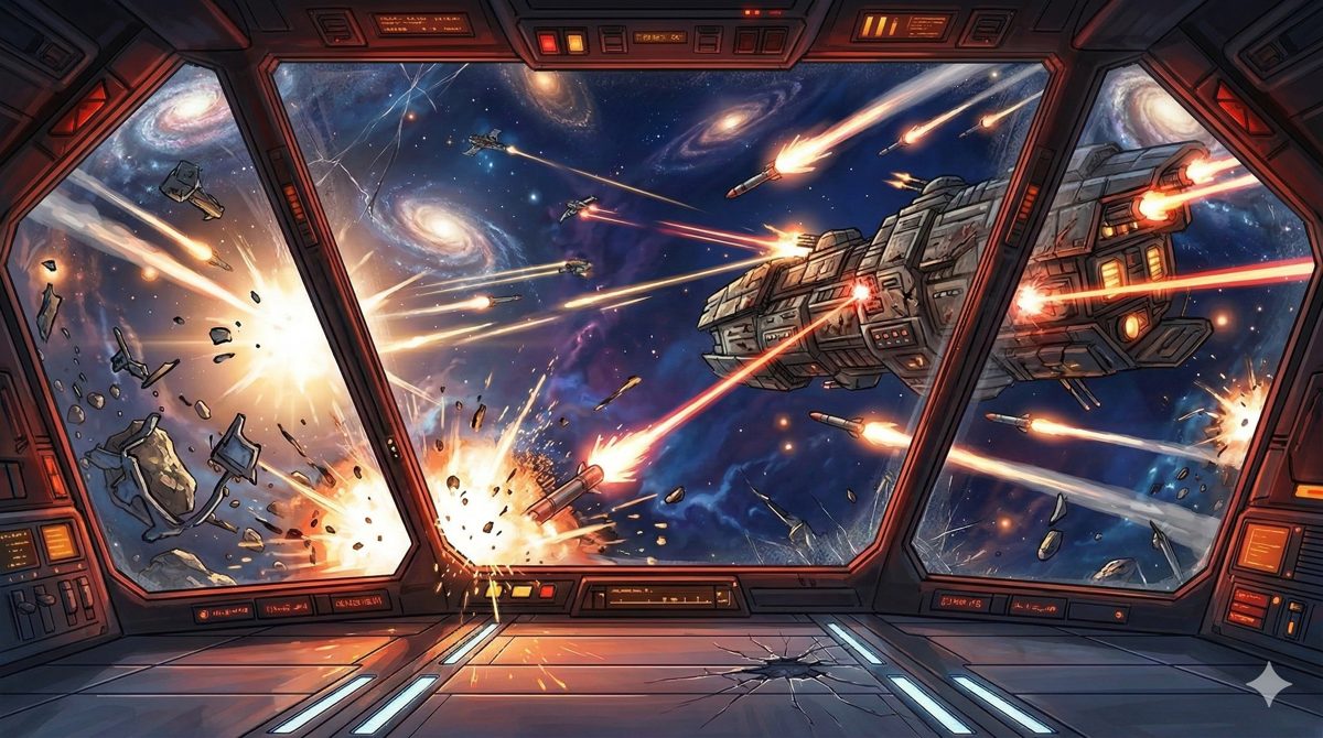 Battle scene seen from a cockpit window with laser fire and an enemy cruiser