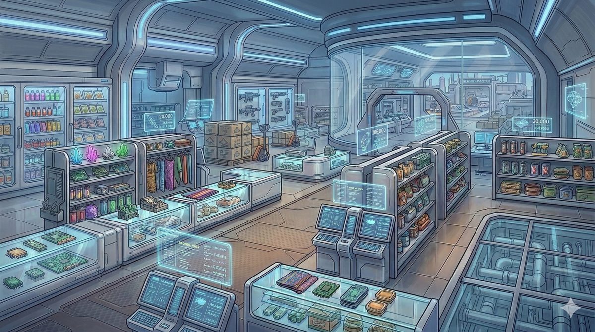 Futuristic market hall with shelves of trade goods